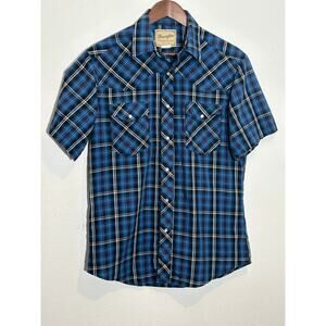Wrangler Western Shirt Blue Plaid with White Stripe Pearl Snap